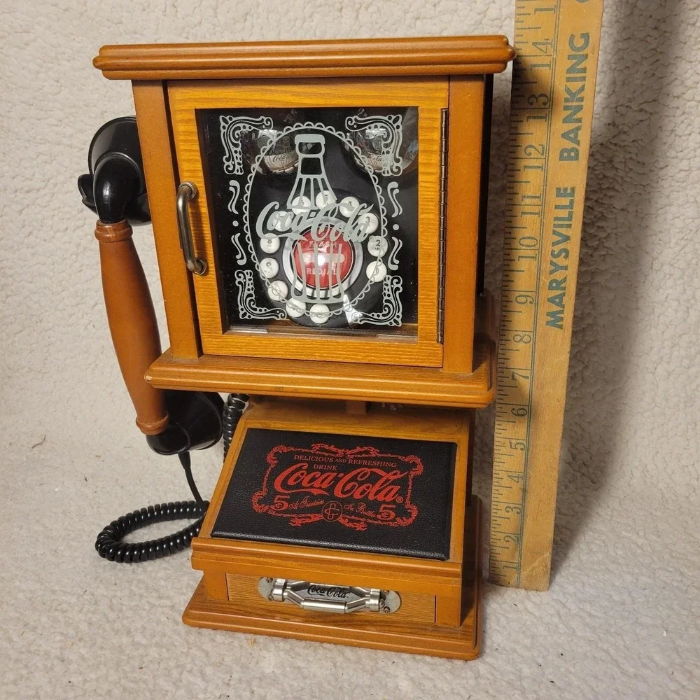 Coca-Cola‎ Nostalgic Wall Phone Real Wood Frosted Glass Hanging Retro